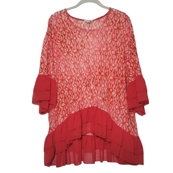 Umgee Tops - NWT Umgee Semi Sheer Ruffle Trim Tunic Top Sparkly Floral Mesh Anthropologie LG